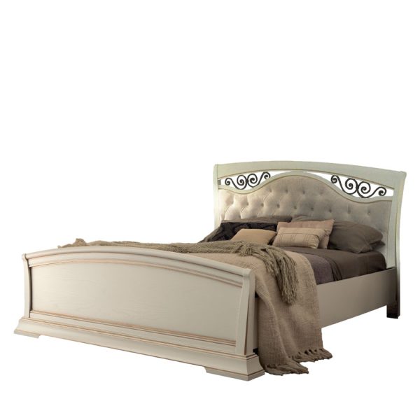 71BO63LT White bed with fabric headboard, metal decorations and high footboard / 71CI63LT Cherry wood bed with fabric headboard, metal decorations and high footboard