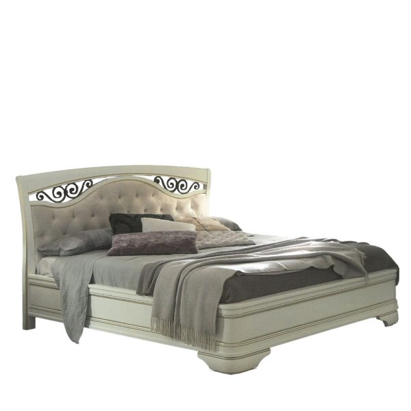 71BO73LT White bed with fabric headboard, metal decorations and ring footboard / 71CI73LT Cherry wood bed with fabric headboard, metal decorations and ring footboard